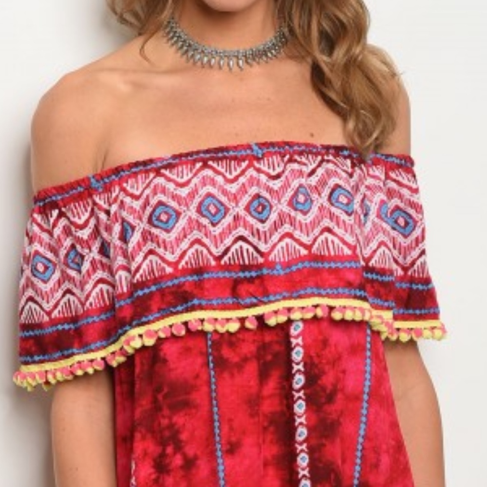 Mini Pompom TASSEL MAGENTA BLUE DRESS - Picture 2 of 3